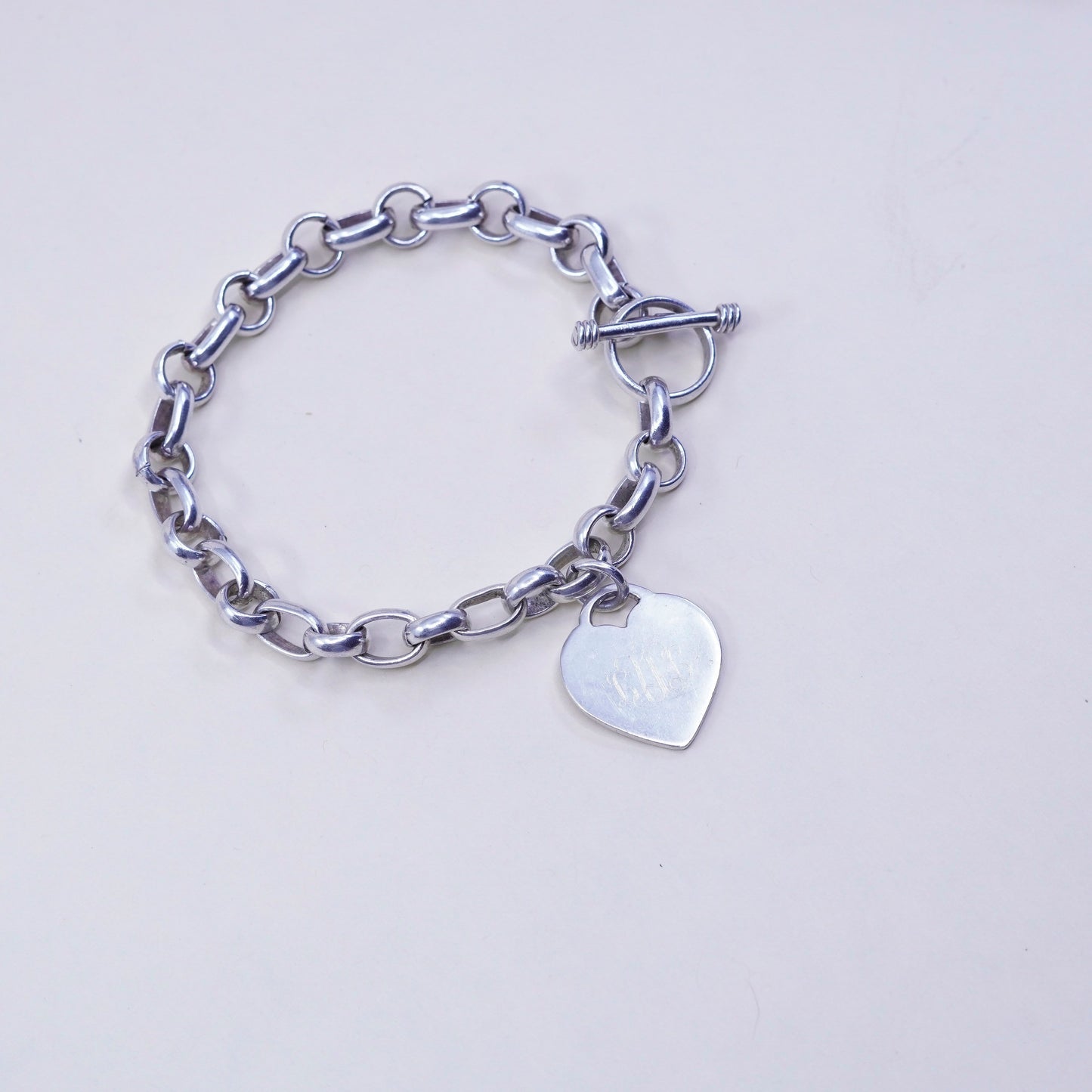 6.5”, sterling silver circle chain, 925 bracelet monogram initial “LVL” charm