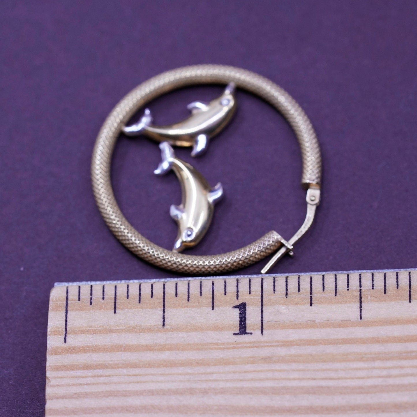 1.25”, Vintage Jordan vermeil gold Sterling silver earrings, 925 hoops dolphins
