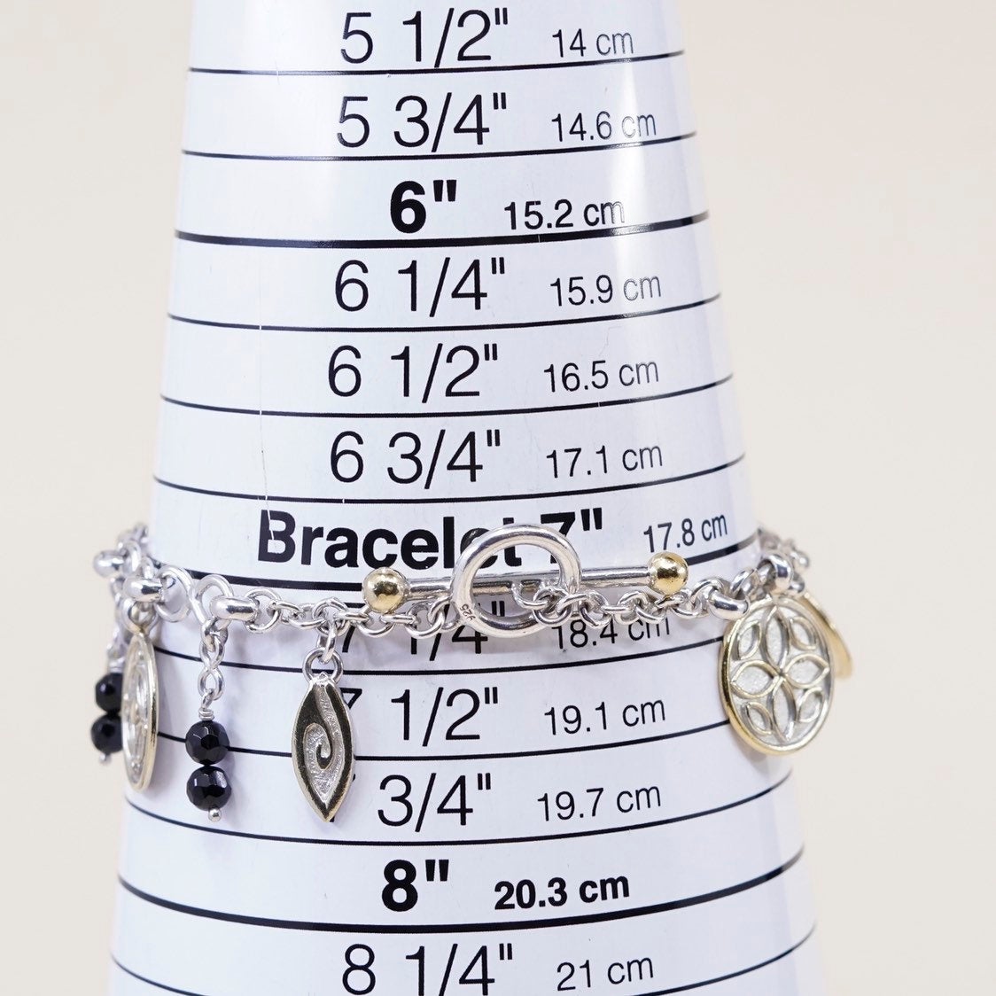 7.25”, VTG 22k gold sterling silver handmade bracelet, 925 circle disk chain