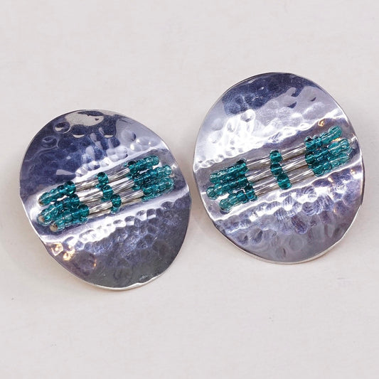 VTG mexico Sterling 925 silver earrings, hammered disc studs w/ green beads