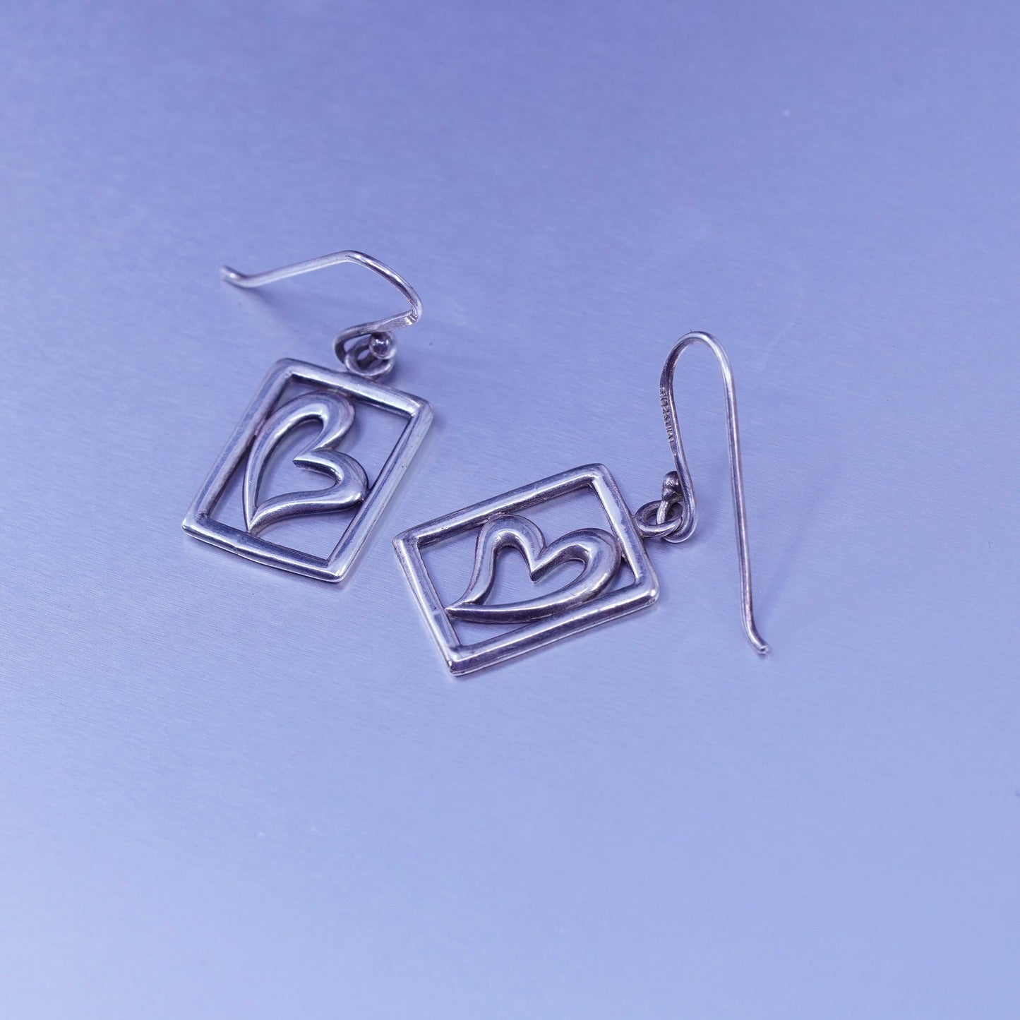 vintage Sterling silver handmade earrings, 925 hooks with square heart