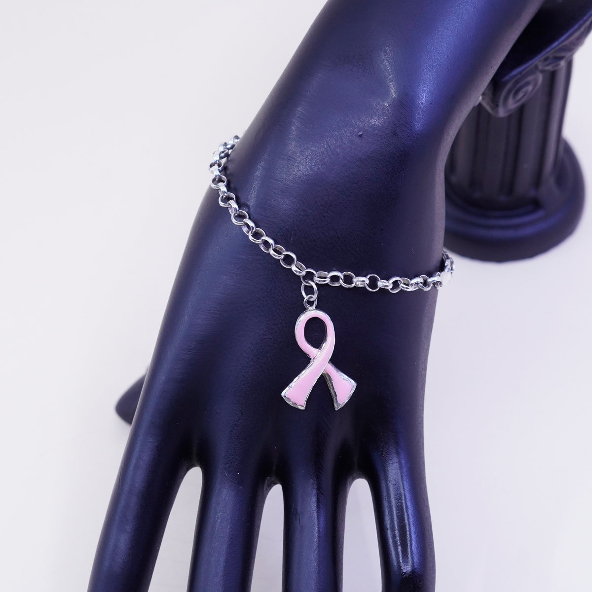 6.5” sterling 925 silver bracelet, circle chain ribbon breast cancer survivor