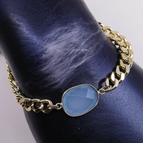 6.75+1”, Vermeil Gold Over Sterling Silver Bracelet, 925 Curb Chain W Chalcedony