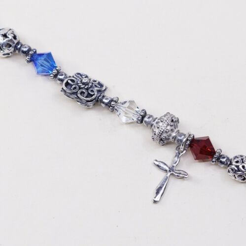 6”, Vtg Sterling Silver Handmade Bracelet 925 Bali W/ Swarovski Crystal Beads