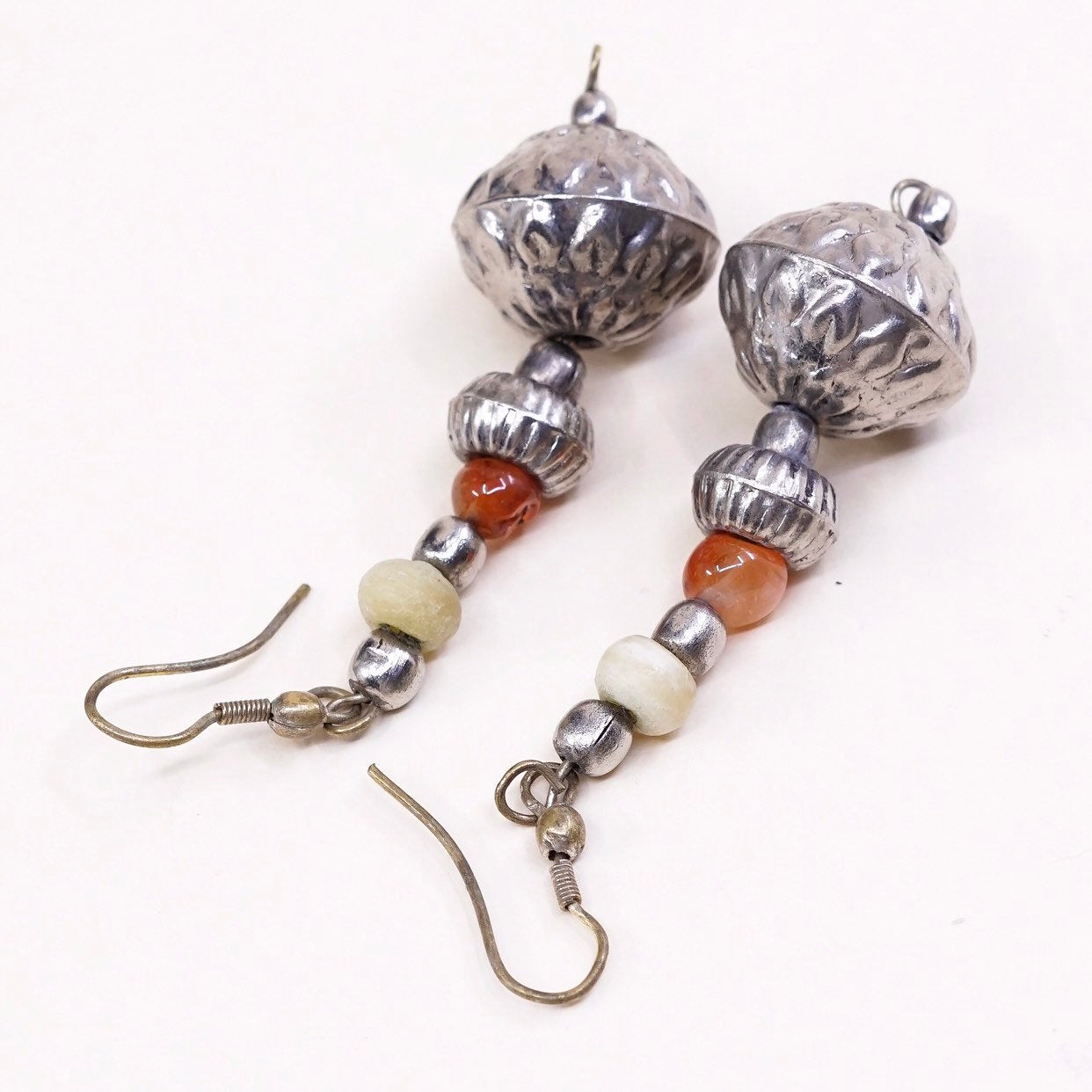 VTG handmade silver tone earrings, circle beads drops