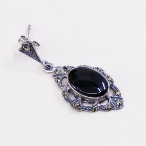 Vtg Sterling silver earrings w/ Obsidian Drop N Marcasite Details, 925