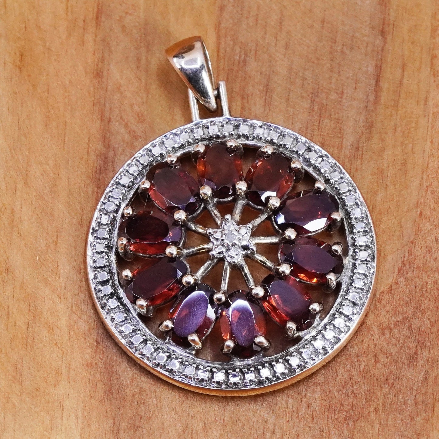 Vintage Sterling 925 silver handmade circle pendant with ruby and diamond