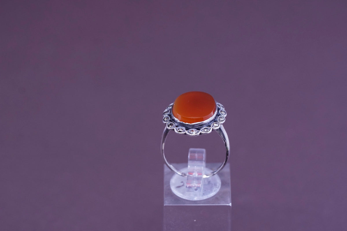 Size 9, vtg Sterling silver handmade flower ring with carnelian and Marcasite
