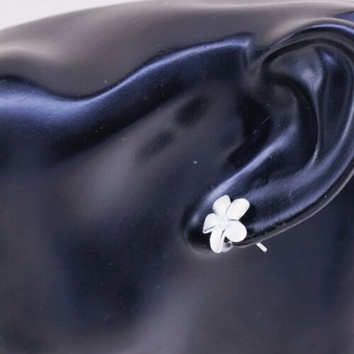 Vintage Sterling Silver Handmade Earrings, 925 Silver Flower Studs W/ Cz