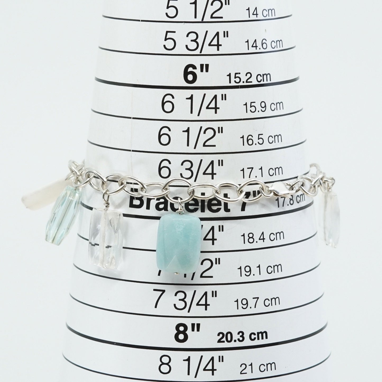 7", Sterling 925 Silver Circle Chain w/ jade and crystal charms, bracelet jade