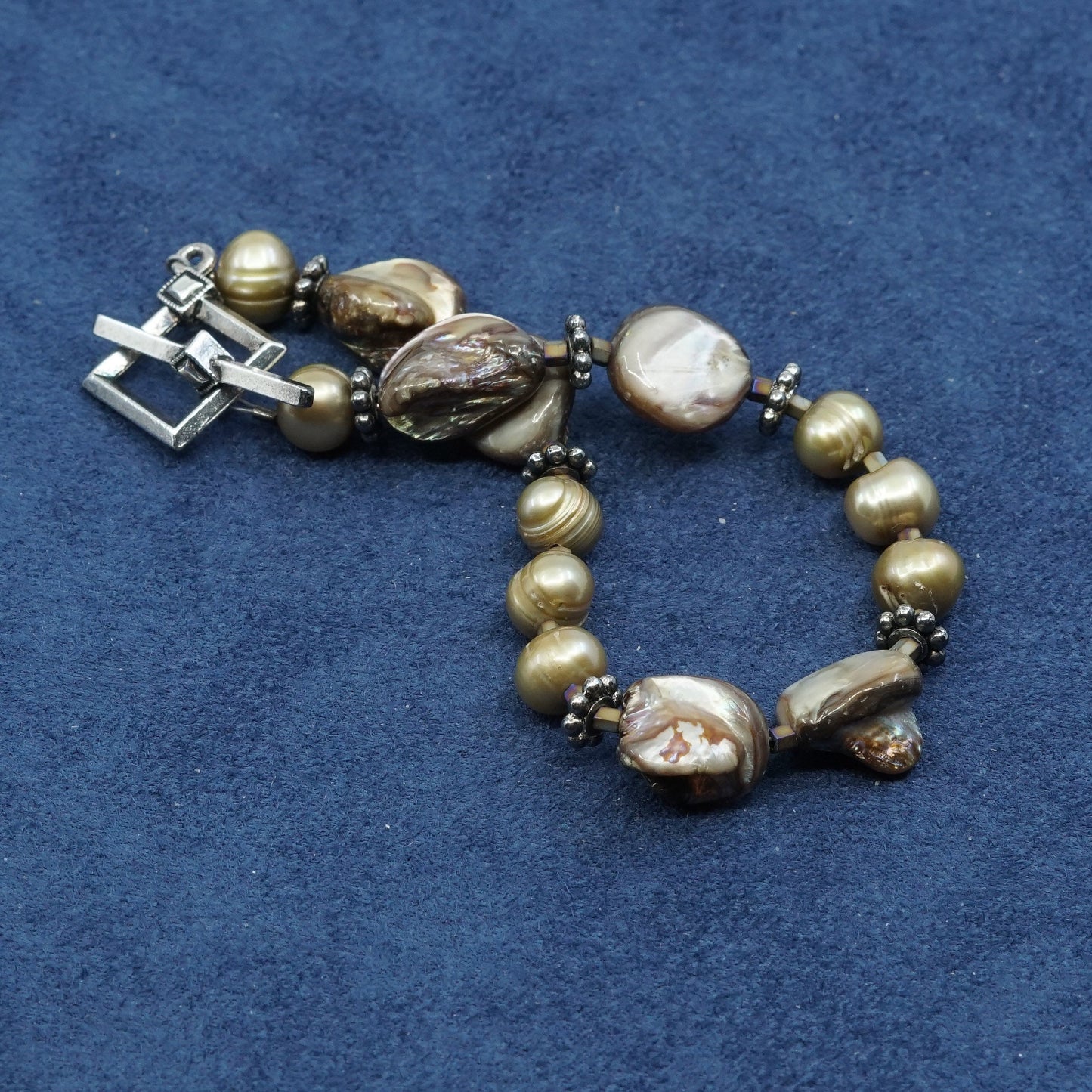 6.75", vtg sterling silver handmade bracelet, pearl beads N 925 toggle closure