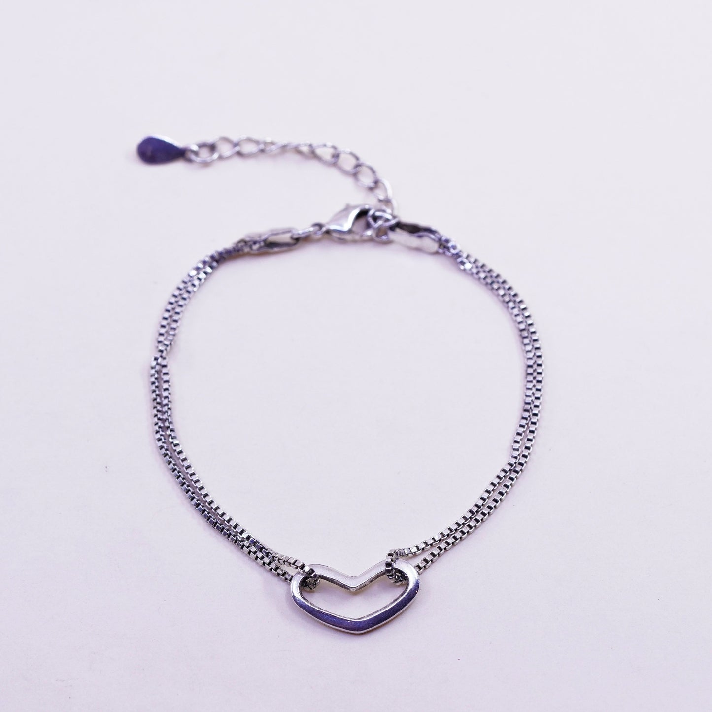 6.25+1”, Vintage sterling silver handmade bracelet, box chain with heart charm