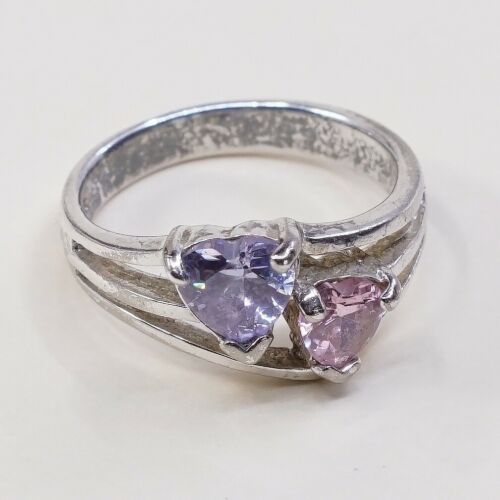 Sz 6 Vtg Sterling Handmade Ring, 925 Double Heart W/ Pink N Amethyst Cz
