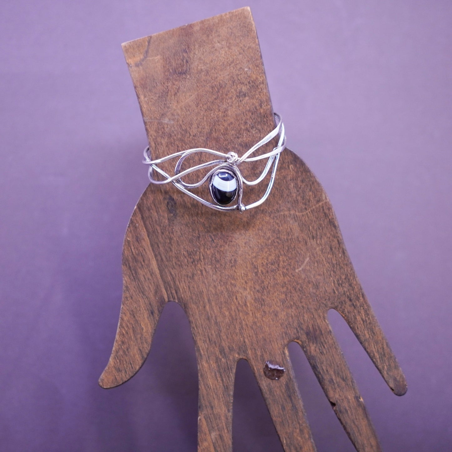 6”, antique sterling silver handmade bracelet, wired 925 cuff with agate