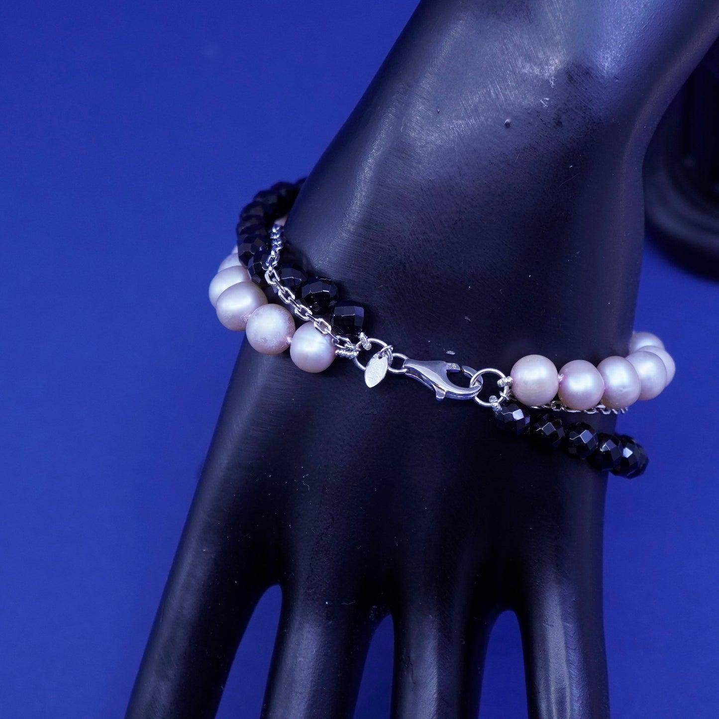 6.75”, vintage Sterling 925 silver handmade bracelet, obsidian and pearl beads