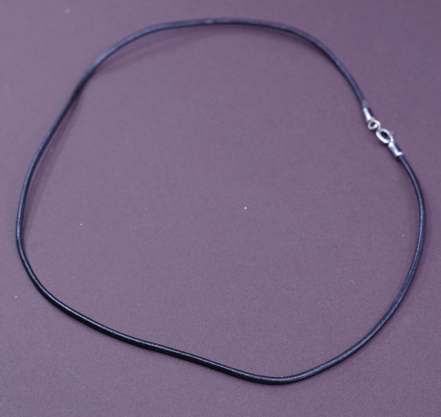 16”, vtg handmade necklace black leather thread choker w/ sterling silver clasp