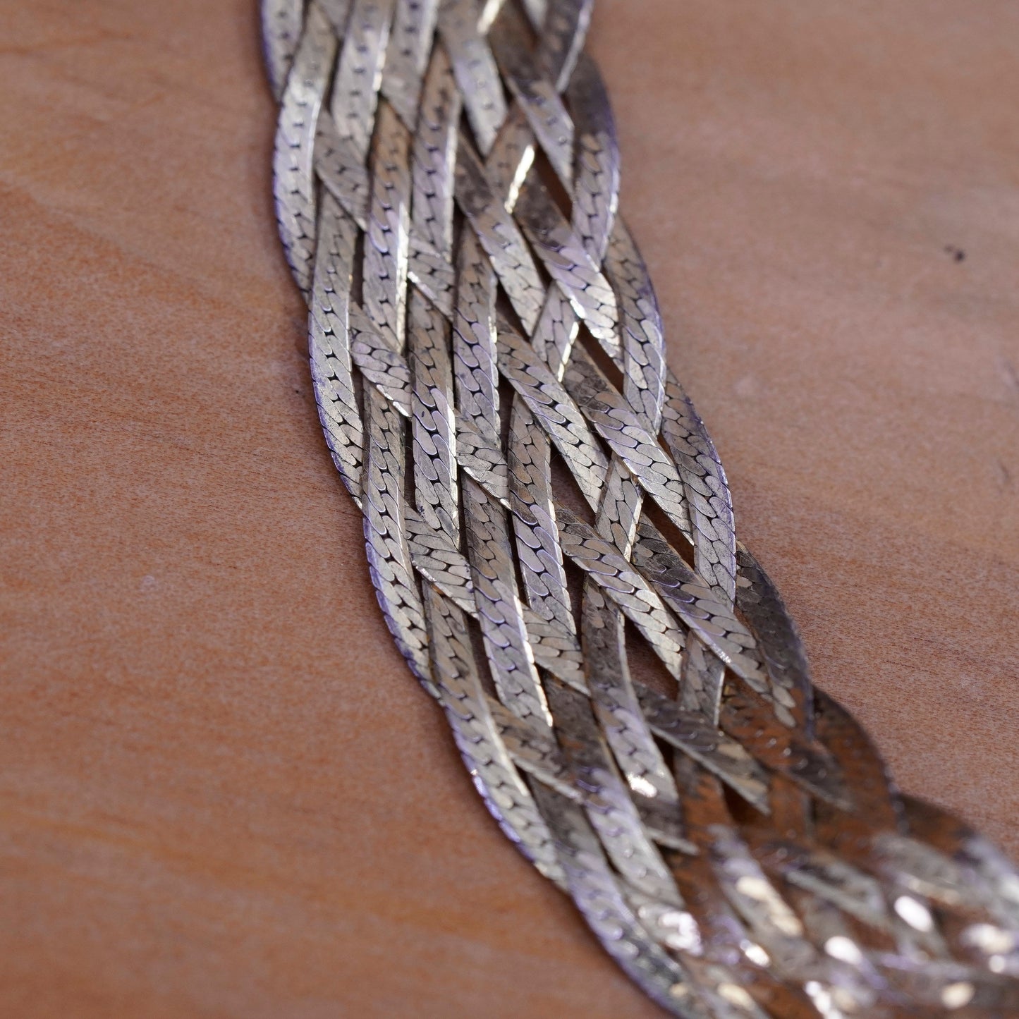 7.25”, Vintage vermeil gold Sterling silver braided woven herringbone bracelet