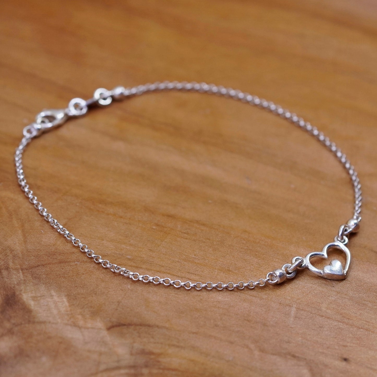 8.75”, vintage Sterling 925 silver handmade circle bracelet anklet heart charm