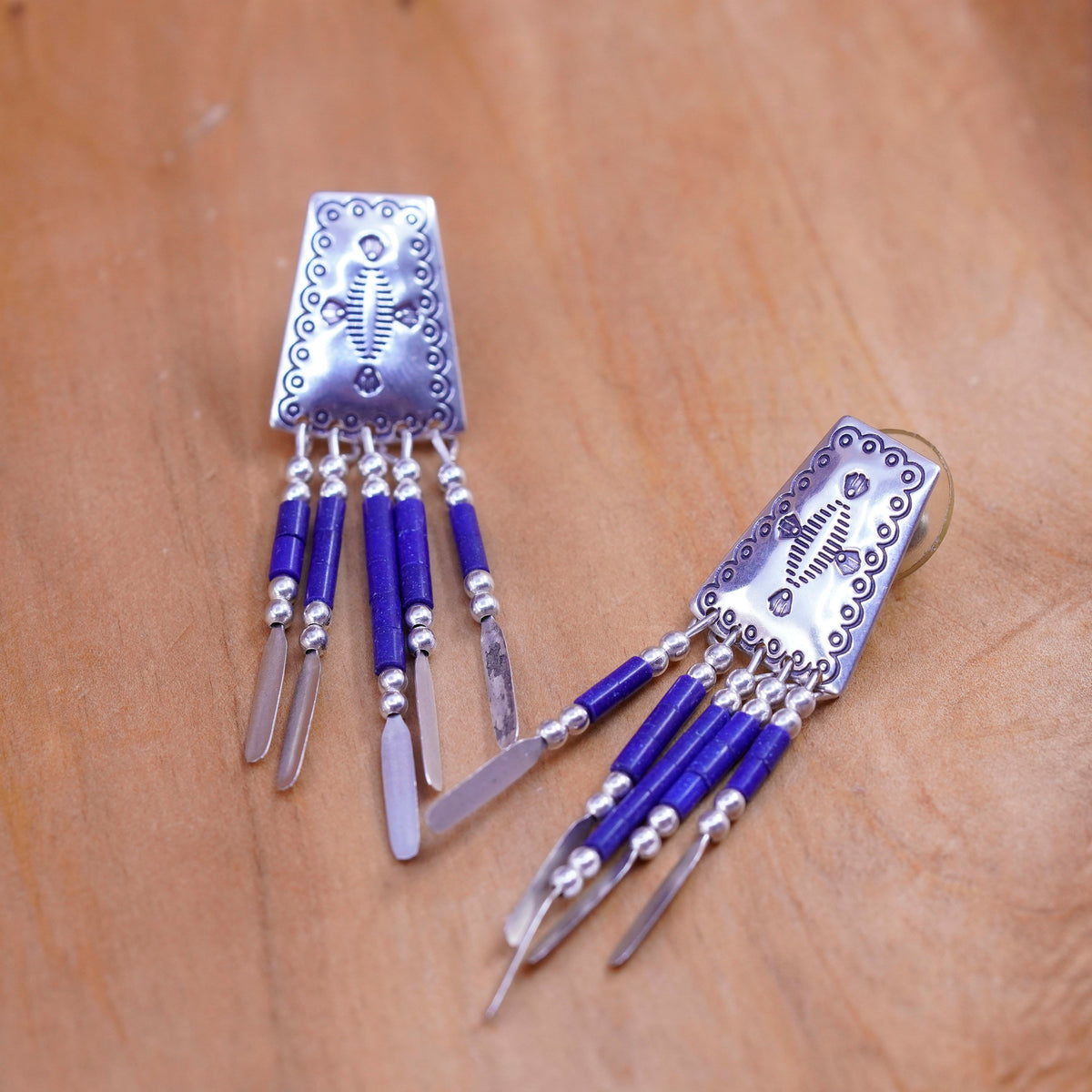 Quoc Turquoise Q.T. Sterling Silver Handmade Earrings, 925 lapis lazuli fringe