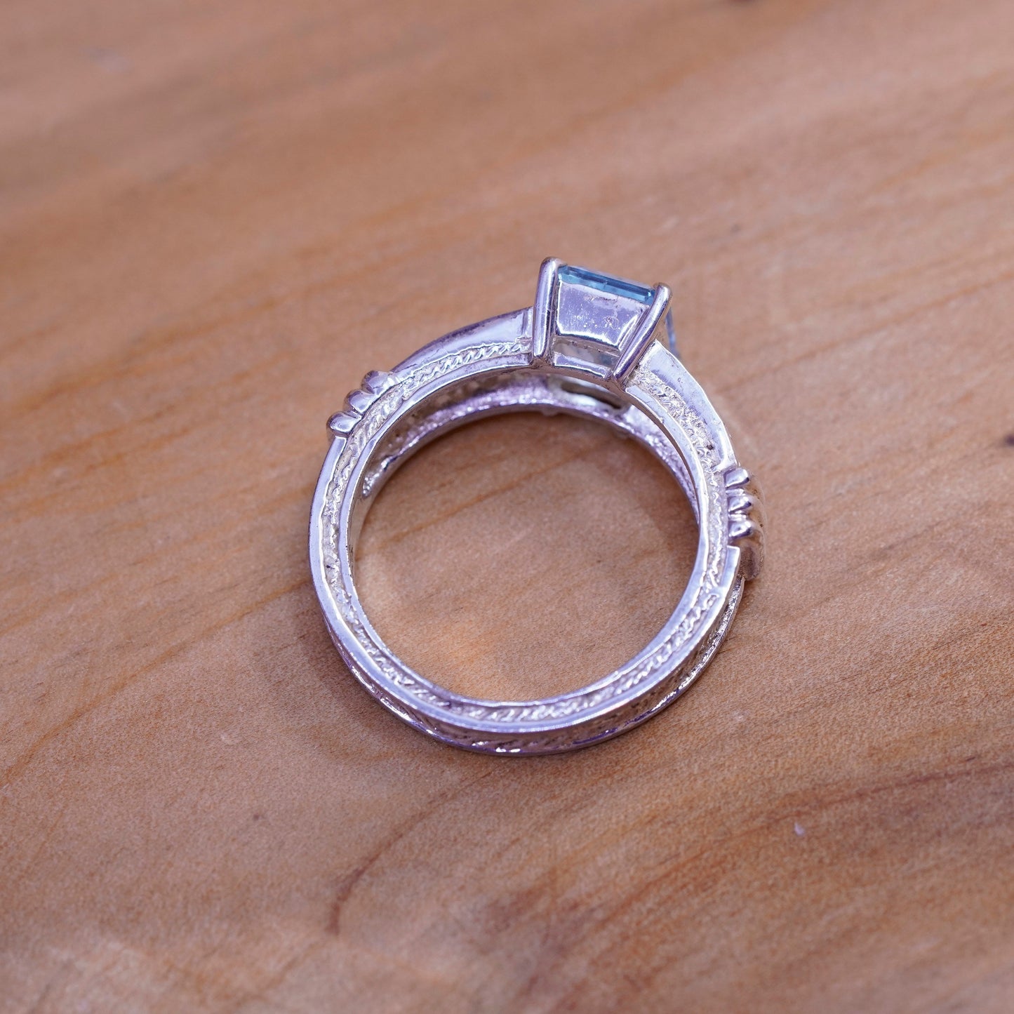 Size 8.25, vintage Sterling 925 silver engagement ring with blue topaz and cz