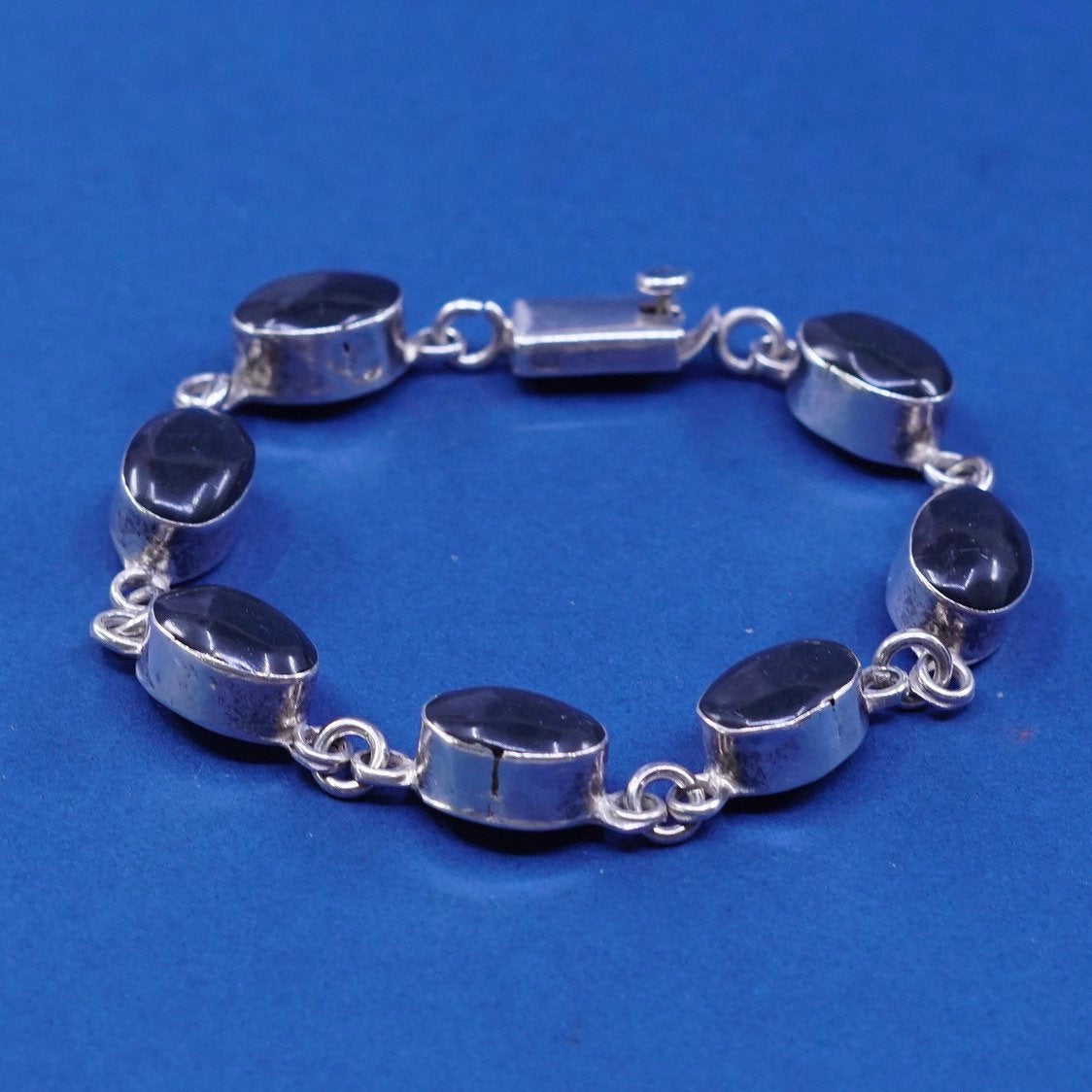 7", vtg Sterling silver handmade tennis bracelet, mexico 925 w/ obsidian