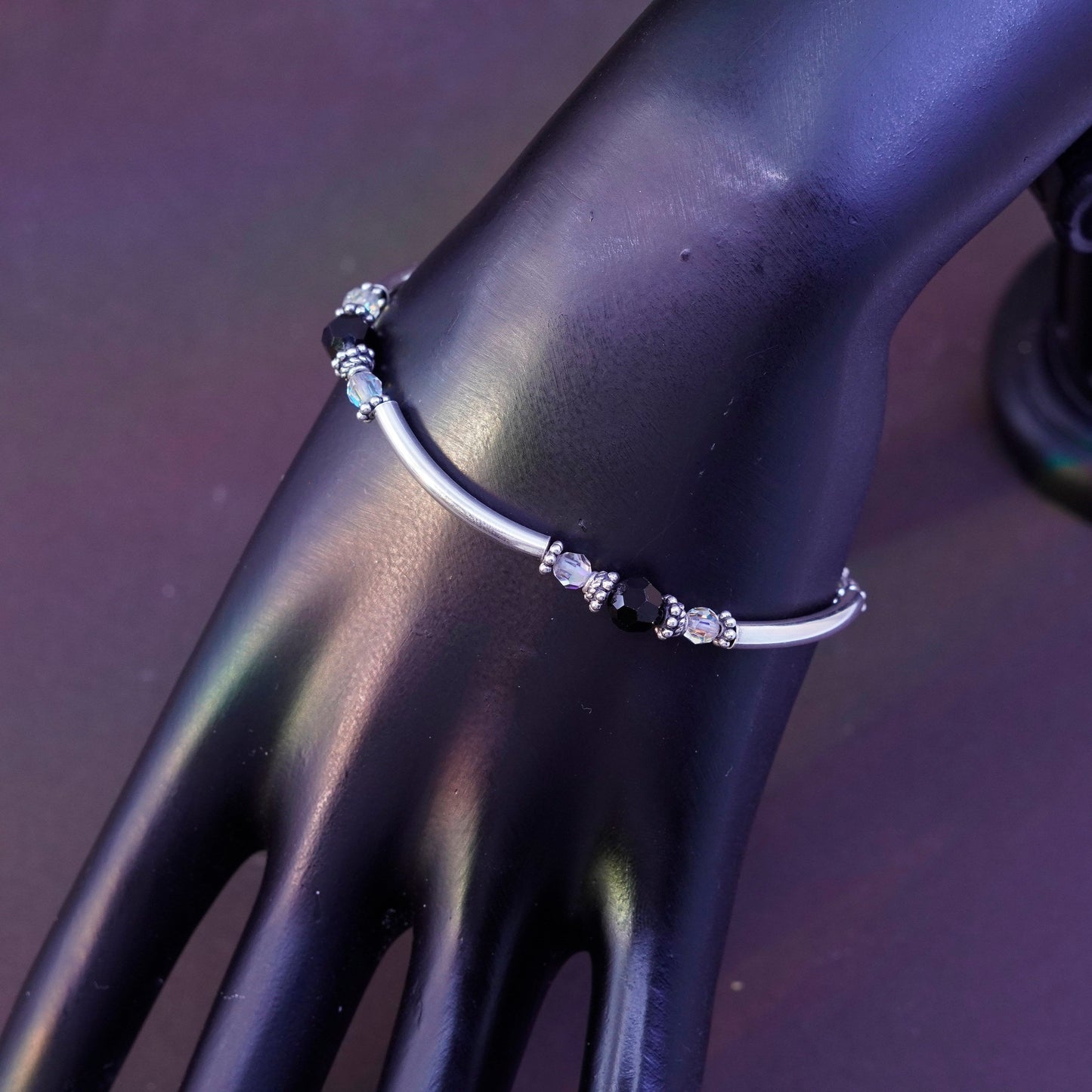 7”, Sterling silver beads bracelet, 925 bar beads with obsidian crystal beads