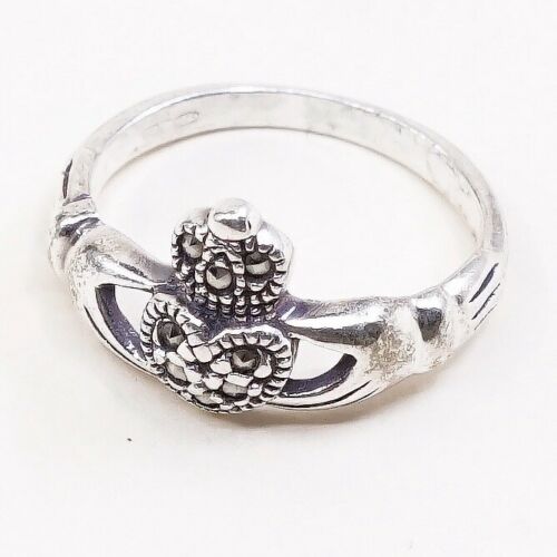 Sz 4, Vtg Solvar Sterling Silver Handmade Ring, 925 claddagh Heart W/ Marcasite