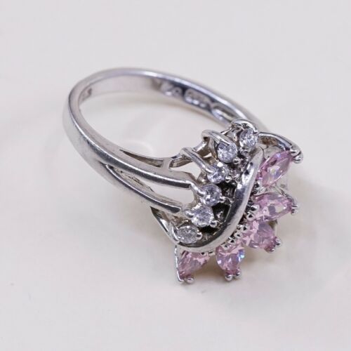 Sz 8.5, Vtg Sterling Silver Handmade Ring, 925 Silver Band W/ Cluster Pink Cz