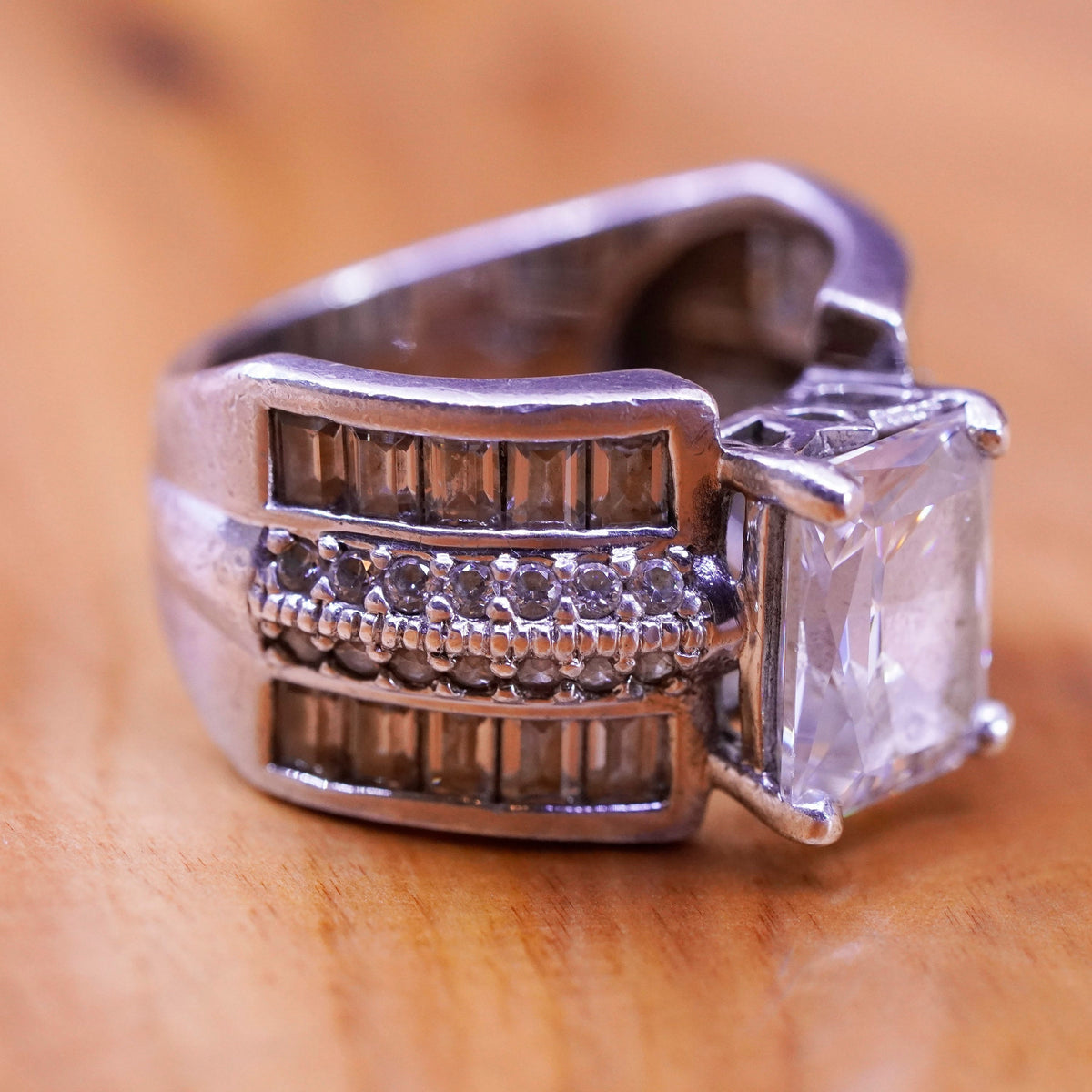 Size 6, vintage Sterling 925 silver engagement ring with cluster cz