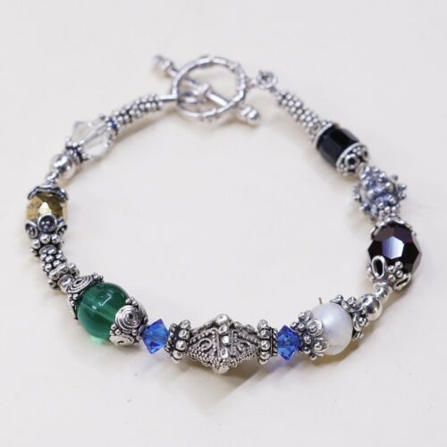 6.75”, Vtg Sterling Silver Handmade Bracelet 925 Bali W/ Swarovski Crystal Beads