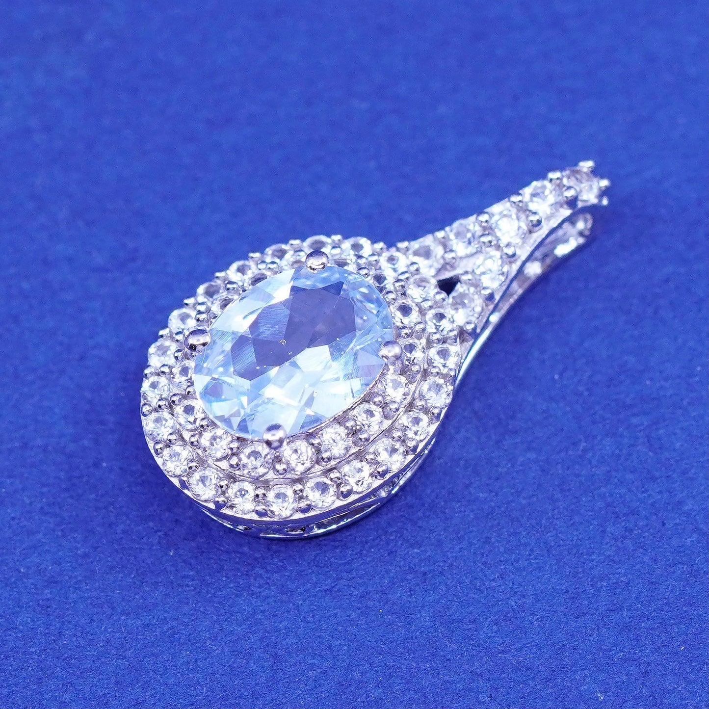 Vintage sterling 925 silver handmade pendant with blue topaz and cz