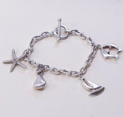 6.75” Sterling 925 Silver Handmade Bracelet, Starfish Shell Boat Dolphin charms
