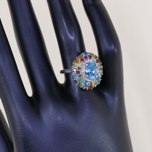 Sz 7.5, Vtg Sterling silver Engagement ring, 925 W/ Colorful Cluster Crystal