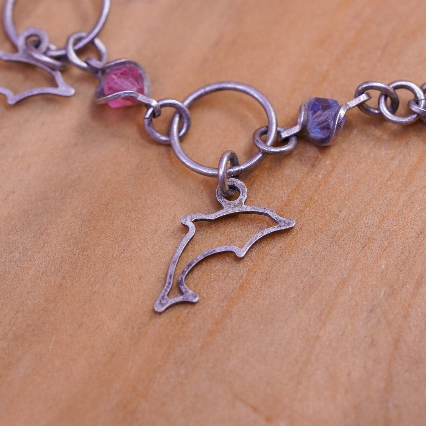 6.5”, vintage Sterling silver handmade bracelet, 925 chain with dolphin charms