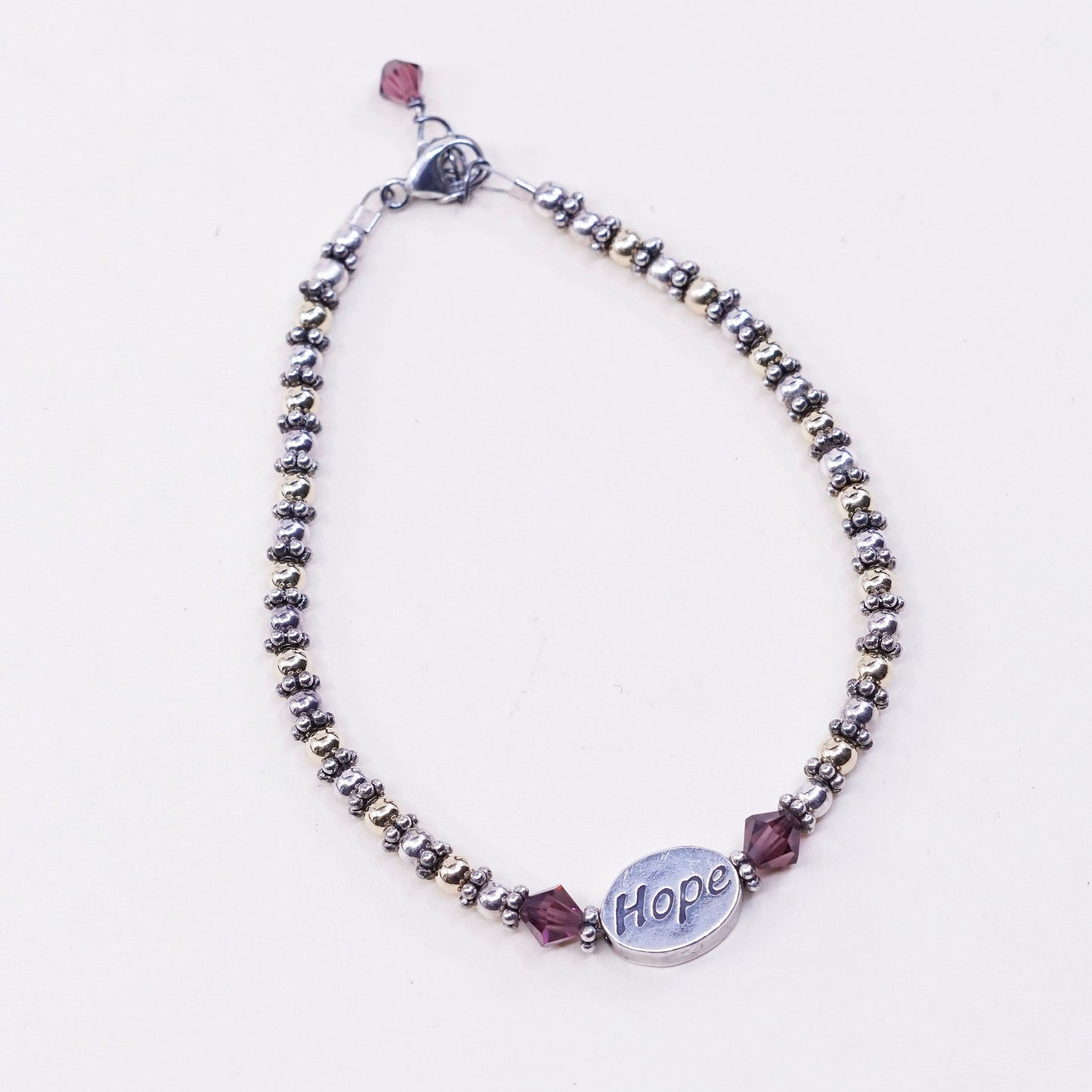 6.5”, 2mm, sterling silver bracelet, 925 beads w/ hope charm, handmade jewelry