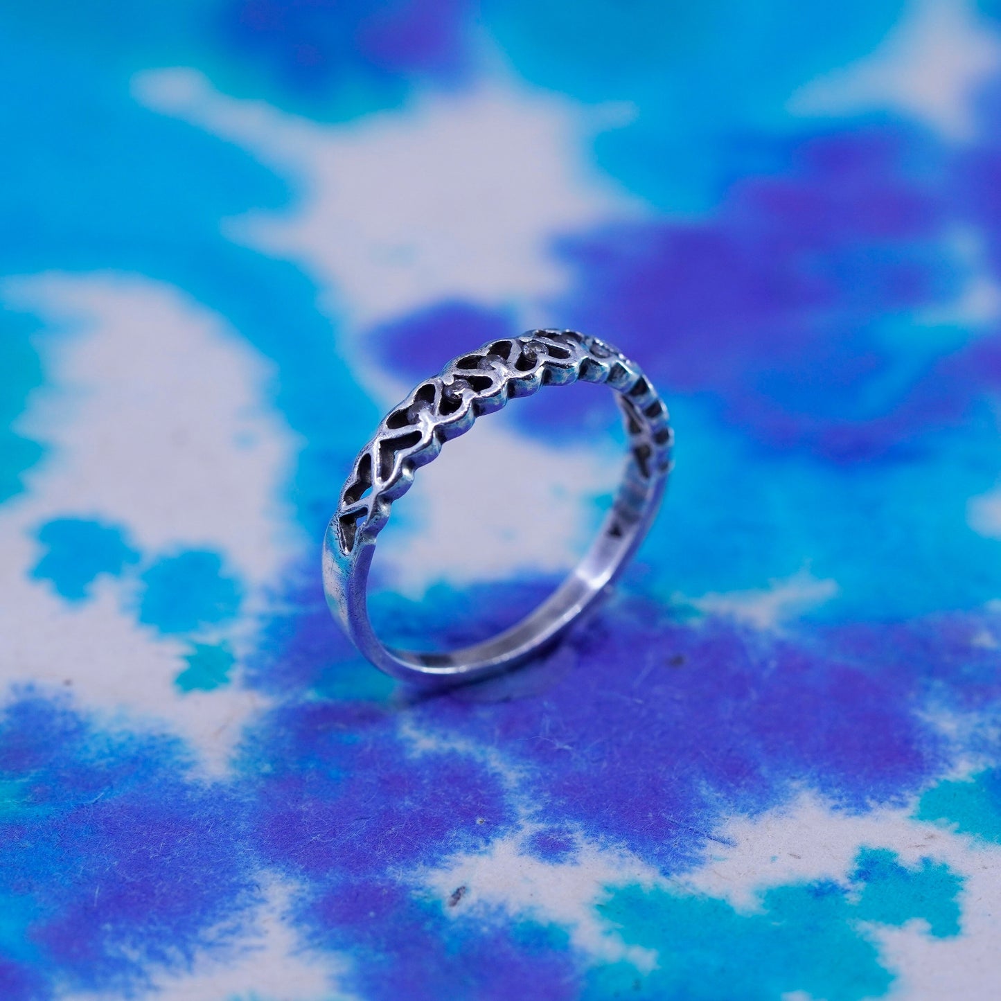 Size 9, vintage sterling silver handmade ring, 925 stackable heart band with cz