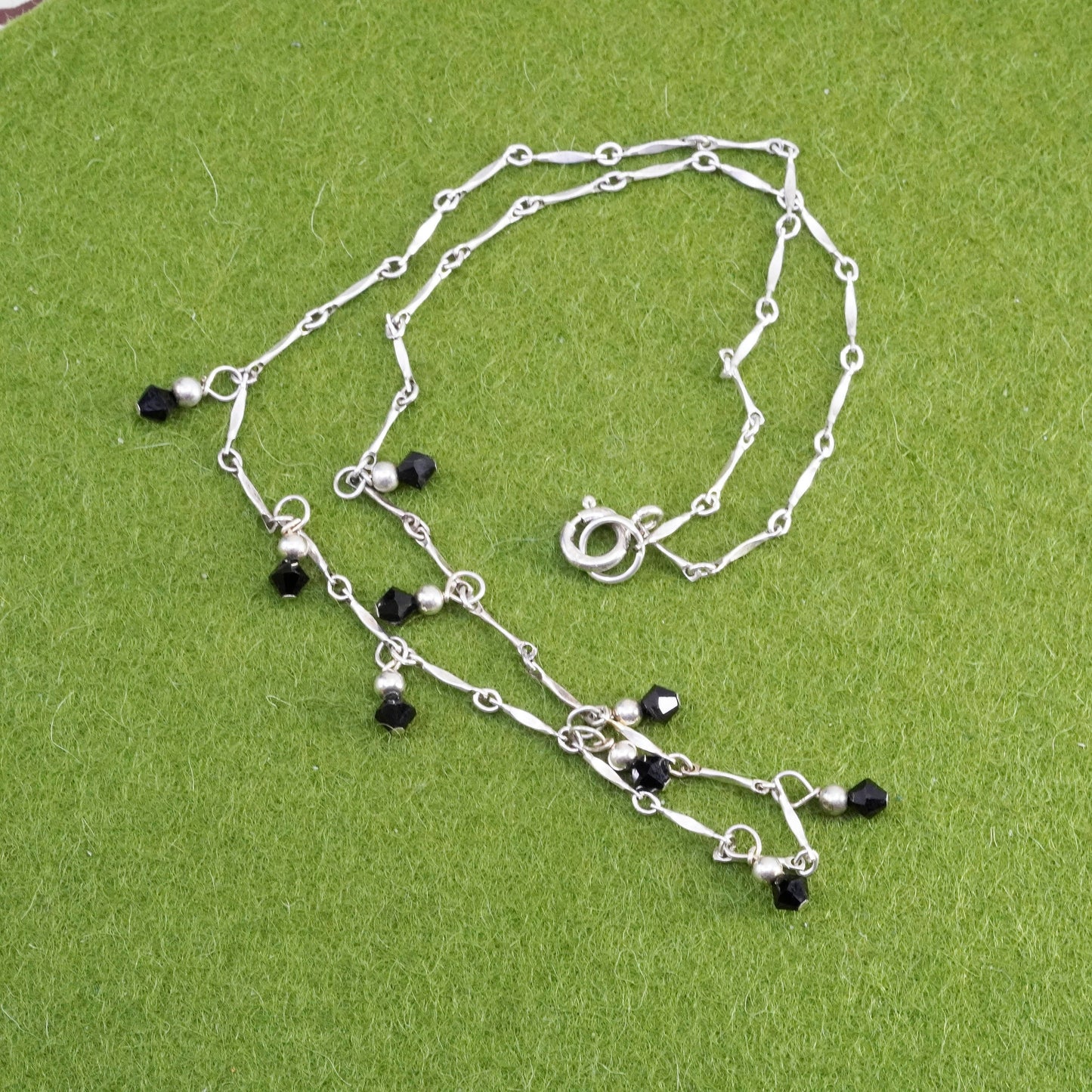 16”, Sterling silver handmade necklace, 925 bone link chain with obsidian beads