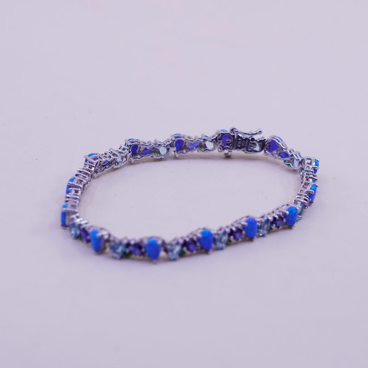 7.25”, vintage Sterling 925 silver tennis bracelet opal topaz amethyst peridot