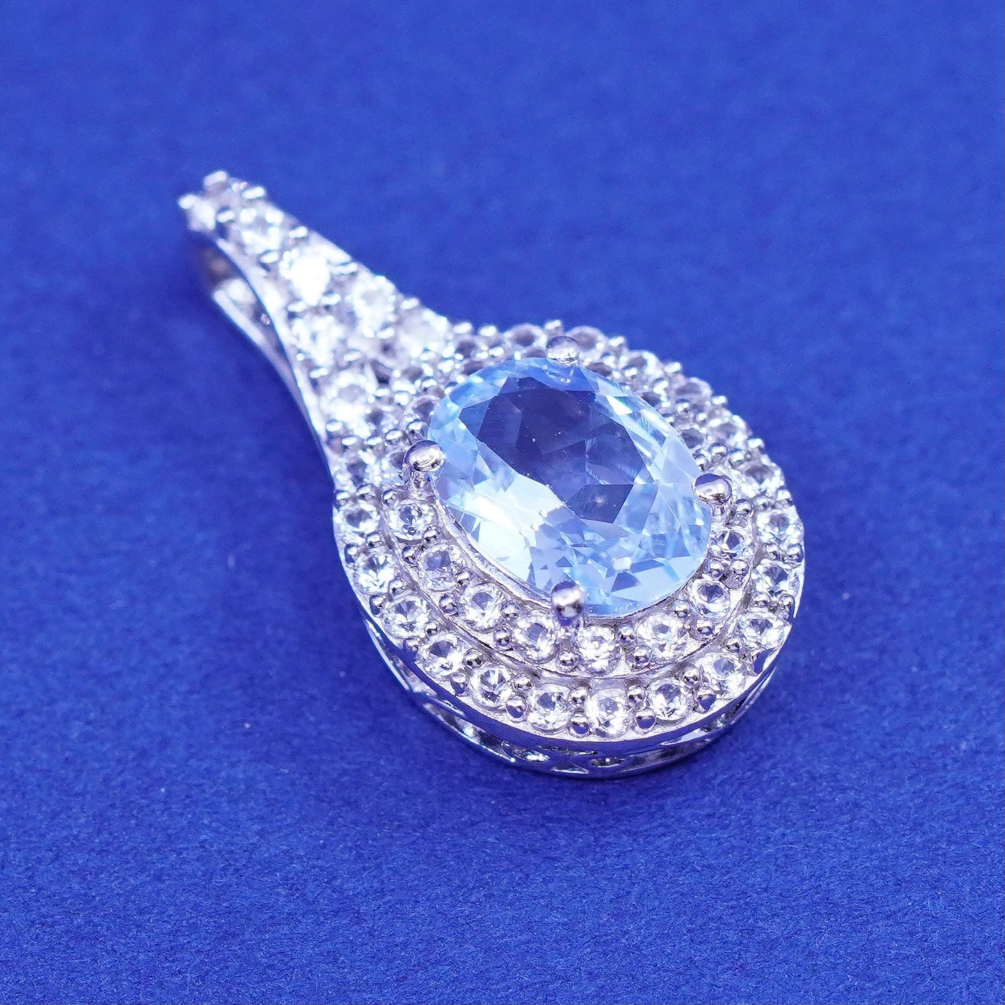 Vintage sterling 925 silver handmade pendant with blue topaz and cz