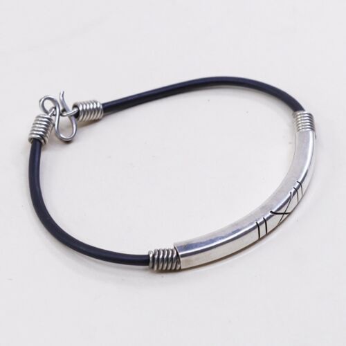 7.25” Vtg Mexico Black Rubber Handmade Bracelet W/ Sterling 925 Silver Slide Bar