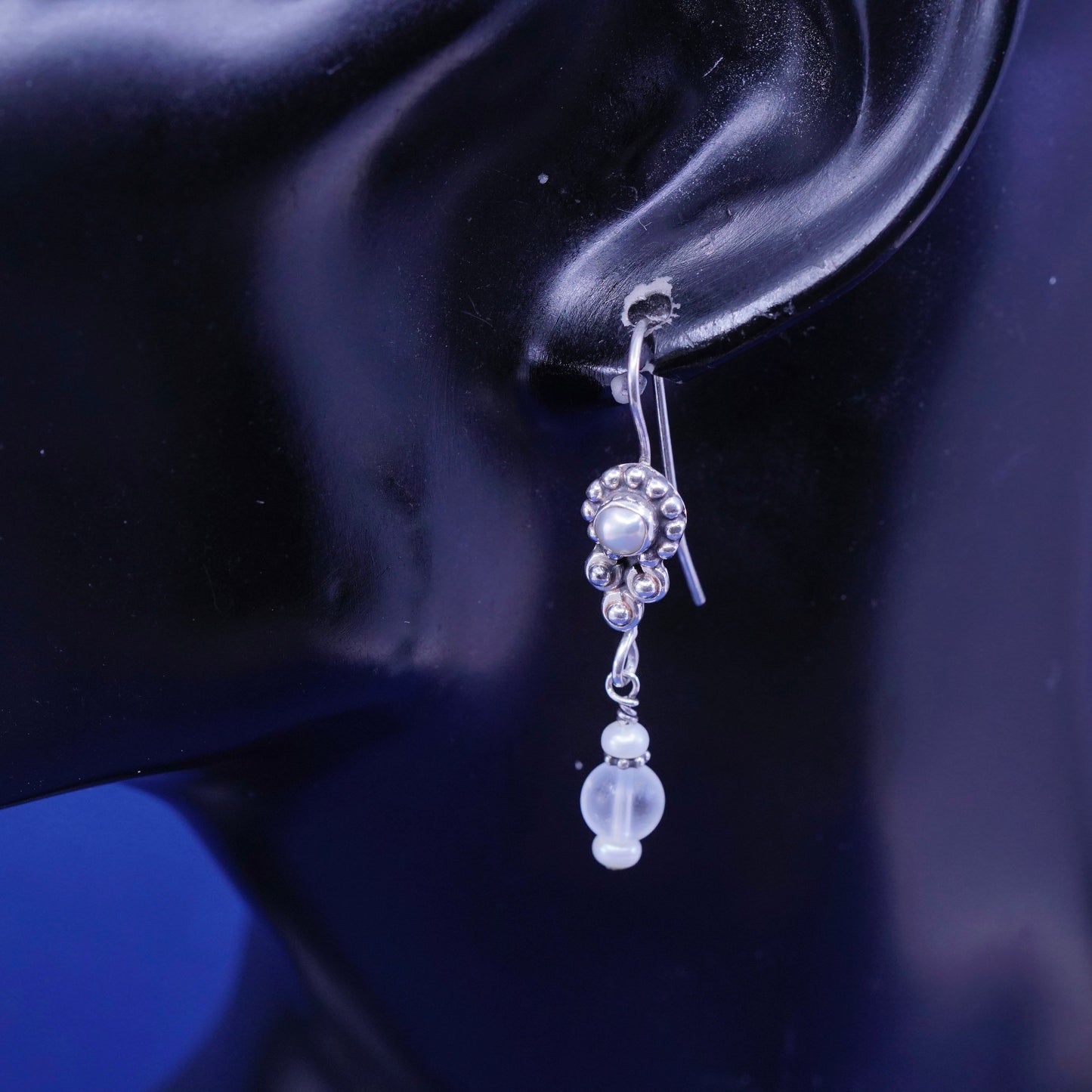 Vintage Sterling silver handmade earrings, 925 drops with pearl crystal beads