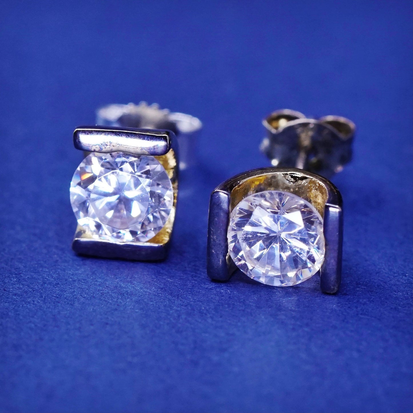 Vintage Vermeil gold over sterling silver handmade earrings, 925 studs with CZ