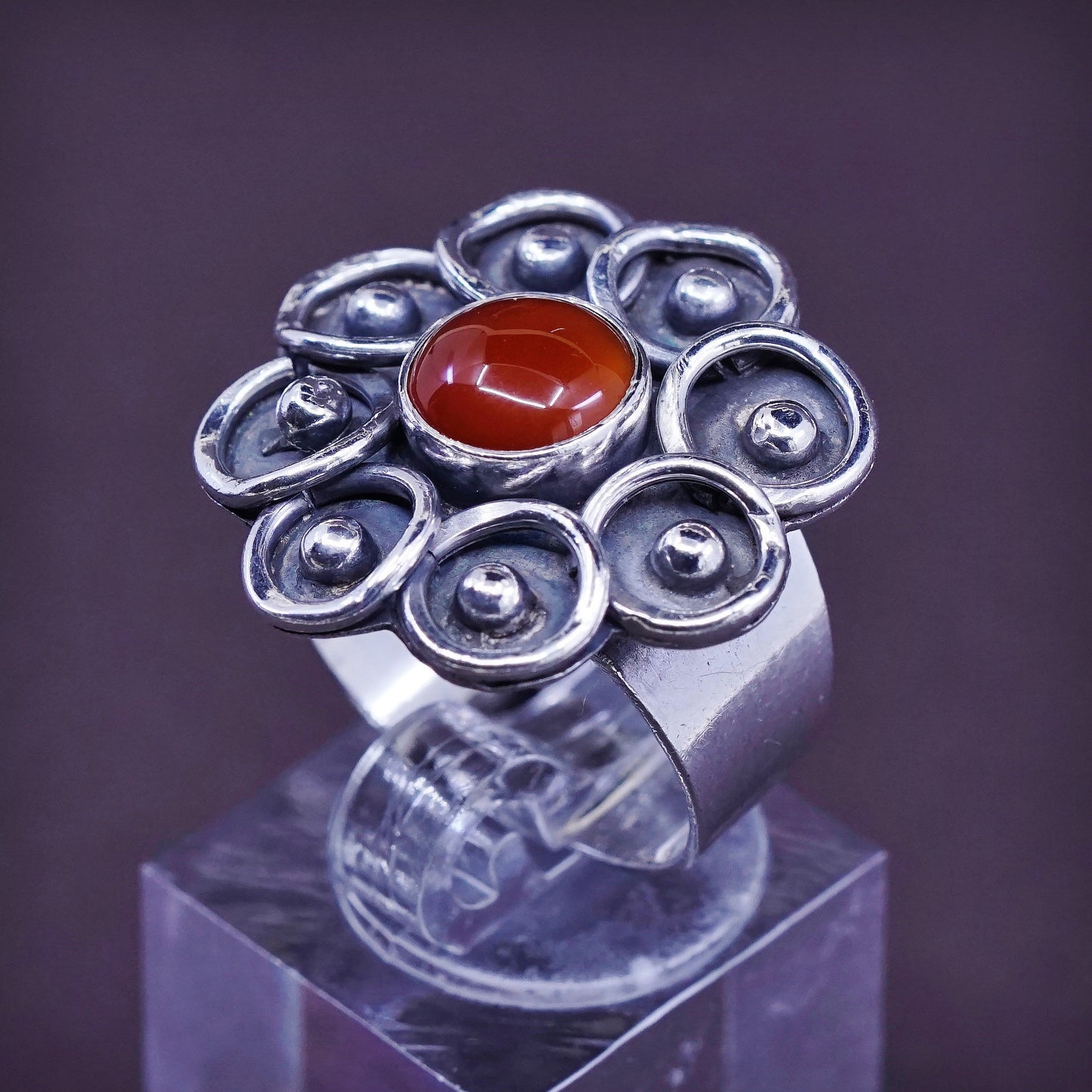Size 6.5, vintage Sterling silver handmade flower ring with carnelian