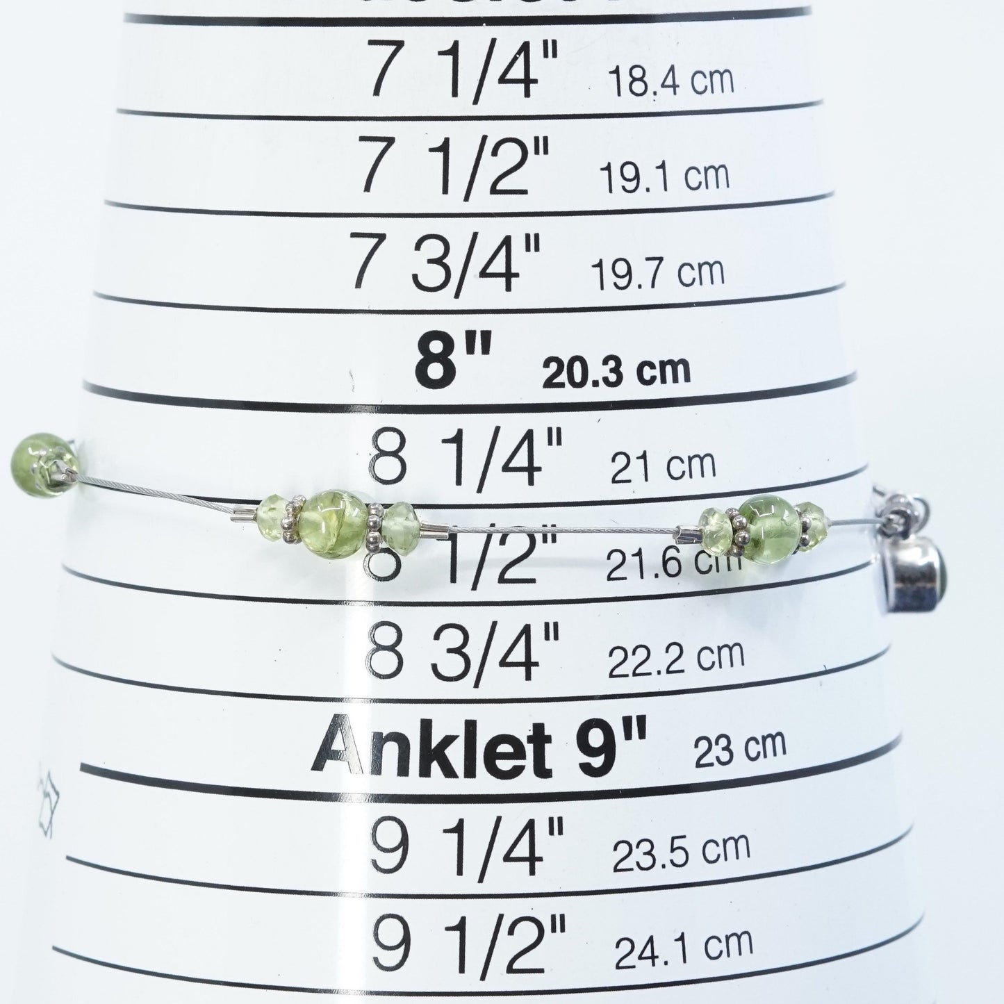 8.5", Sterling silver handmade bracelet, stainless steel chain w/ peridot beads