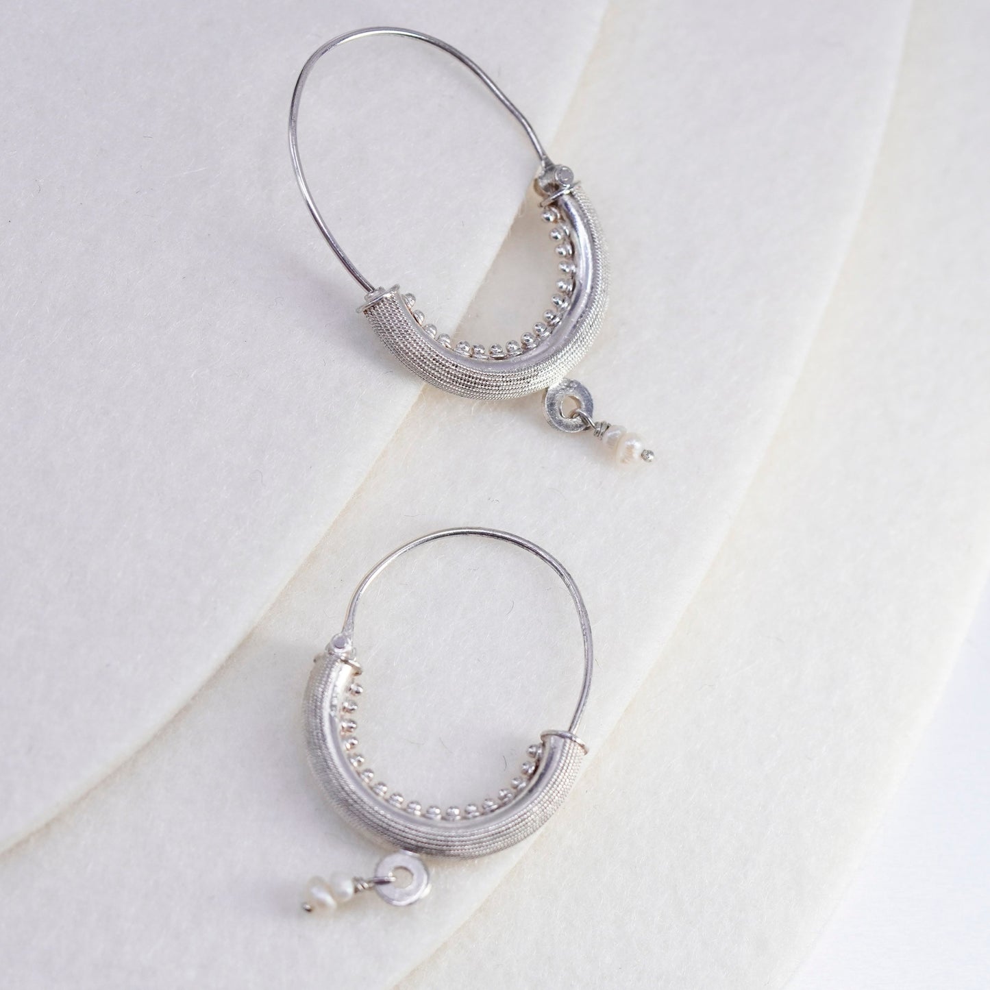 1.5”, vintage Sterling silver handmade earrings, wired 925 textured hoops pearl