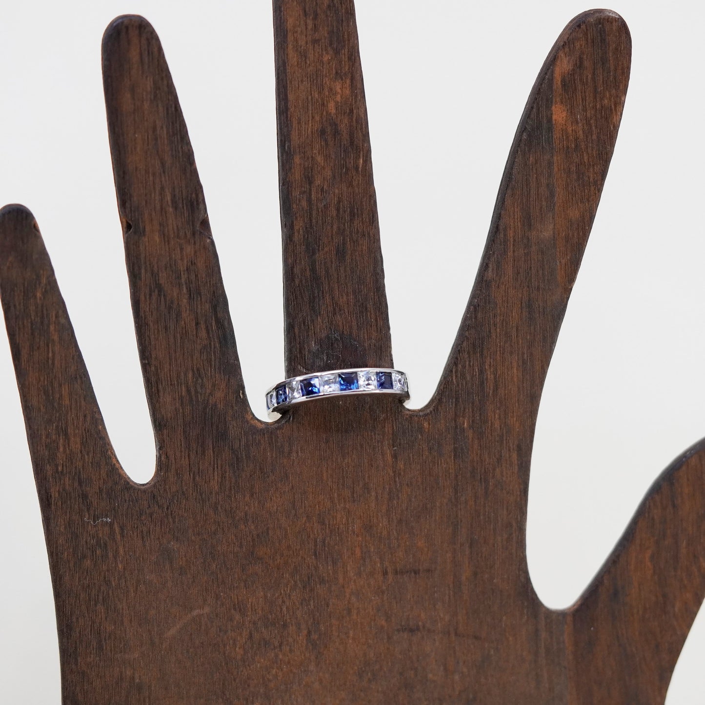 Size 9, Sterling 925 silver stackable ring, wedding band with blue and clear CZ