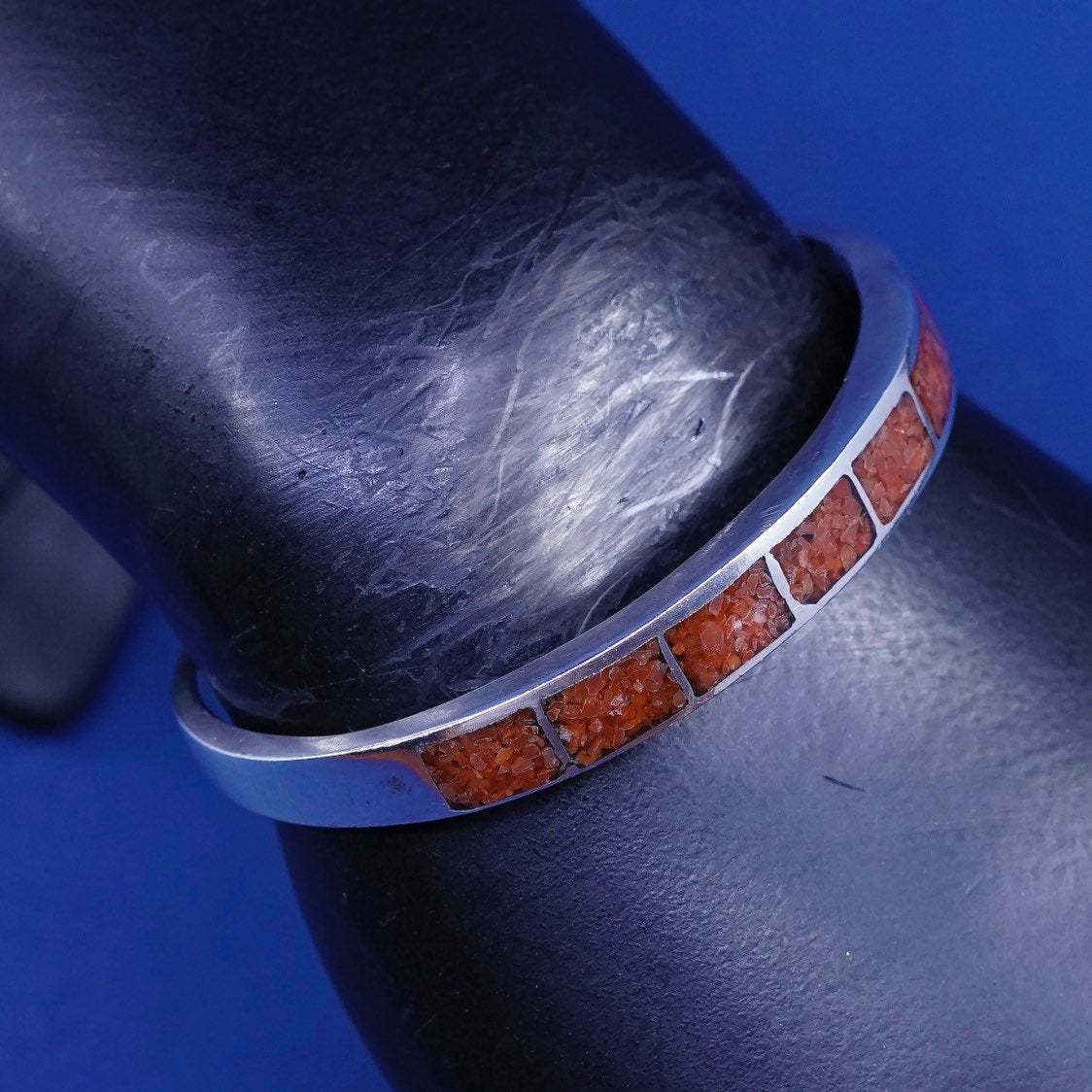6”, Native American zuni Sterling silver handmade bracelet, 925 cuff w/ coral