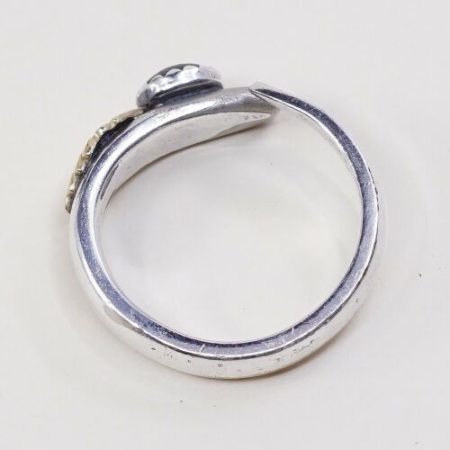 Size 8, Vintage Two Tone Open Ring, Silver Tone W/ Brass Leaf And Abalone