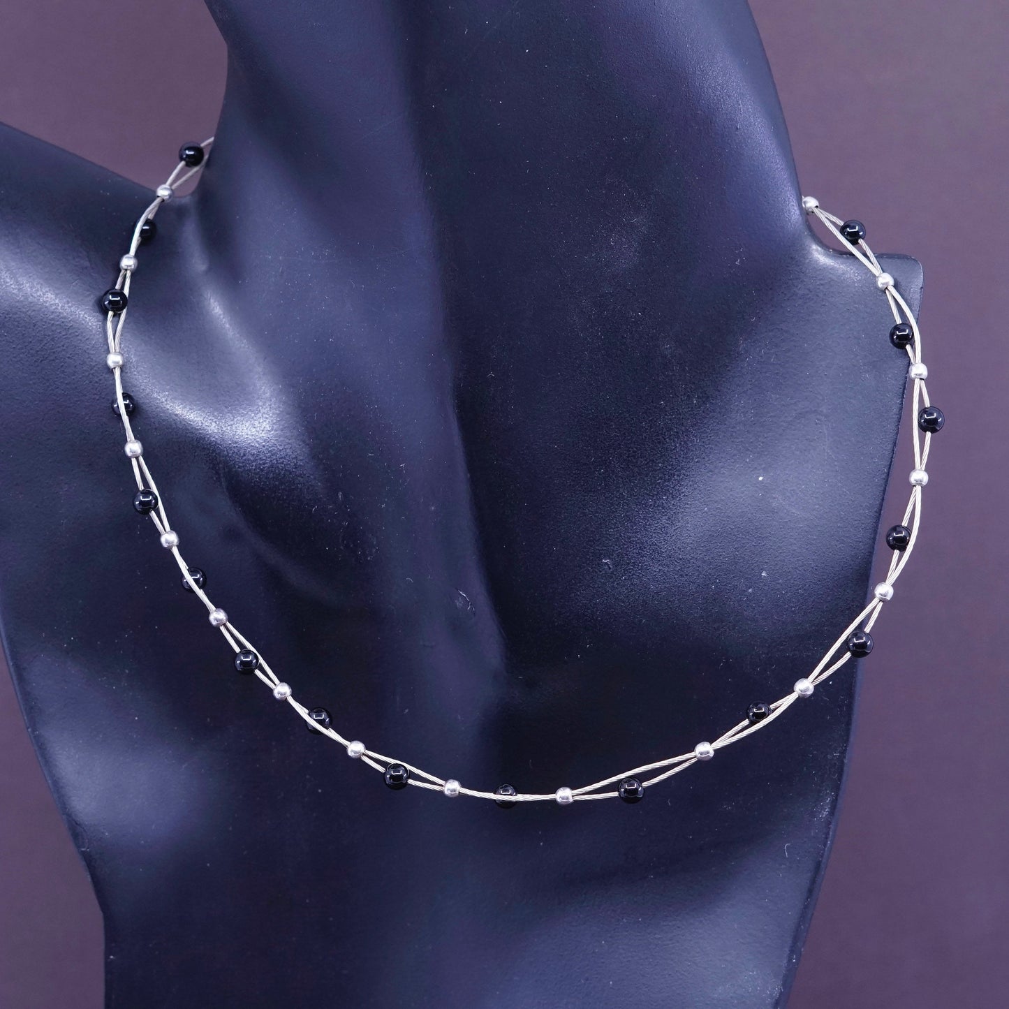 14+2”, Vintage Sterling 925 silver handmade twisted chain with obsidian beads