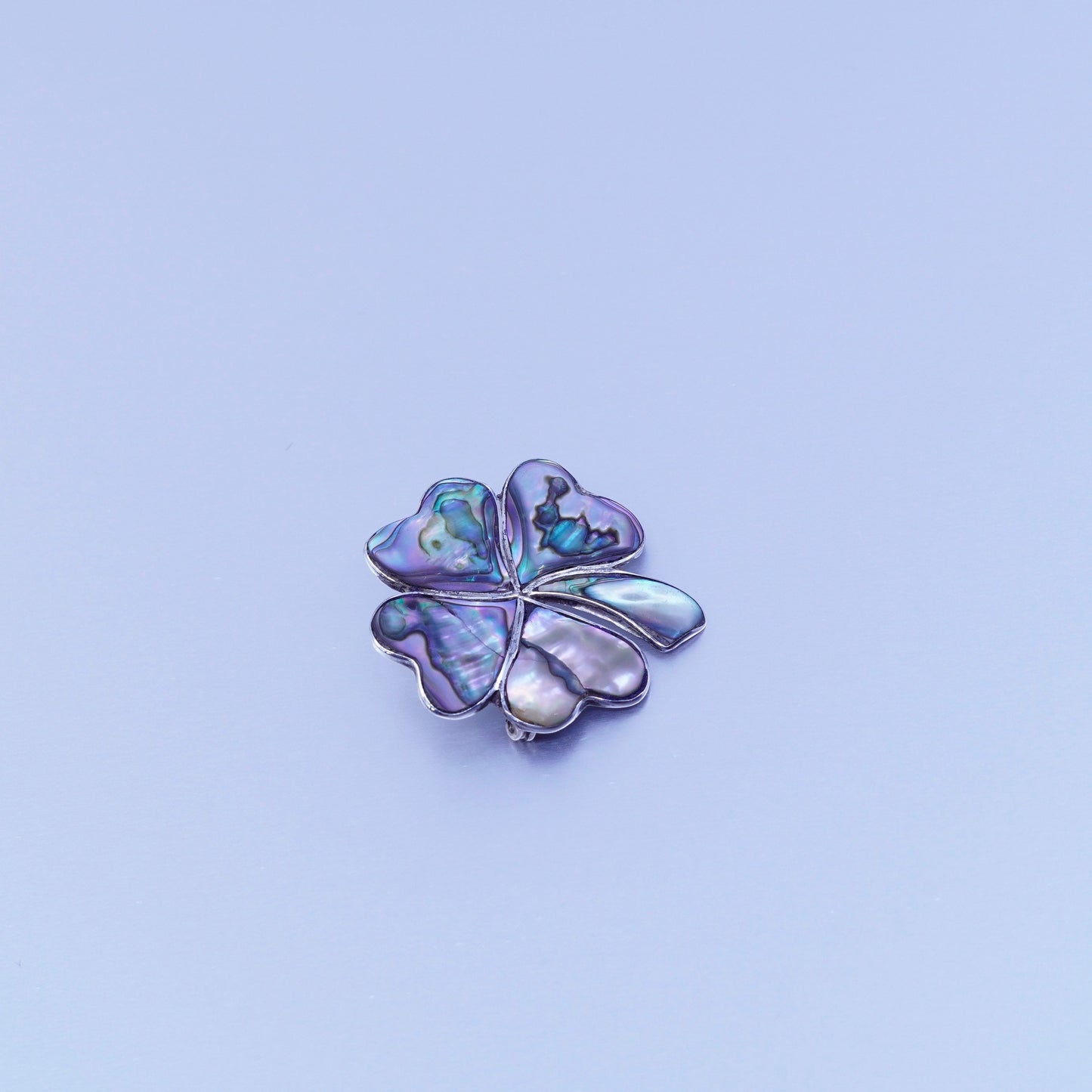 Taxco Sterling 925 silver handmade brooch lucky four leaf clover pin w/ abalone
